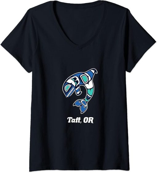 Womens Taft OR Native American Tribal Orca Killer Whale V-Neck T-Shirt