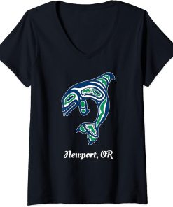 Womens Blue Green Native American Newport OR Orca Killer Whale V-Neck T-Shirt