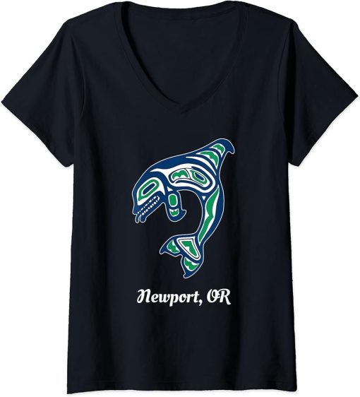 Womens Blue Green Native American Newport OR Orca Killer Whale V-Neck T-Shirt