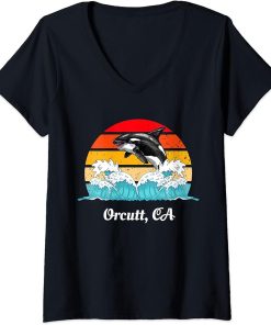 Womens Vintage Orcutt CA Distressed Orca Killer Whale Art V-Neck T-Shirt