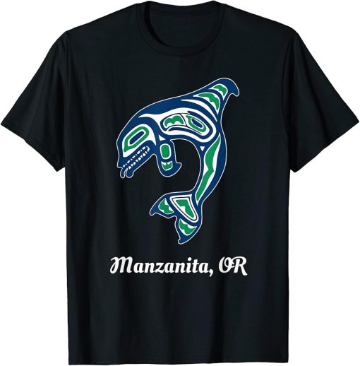 Blue Green Native American Manzanita OR Orca Killer Whale T-Shirt