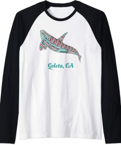 Goleta California Upward Orca Killer Whale Native American Raglan Baseball Tee