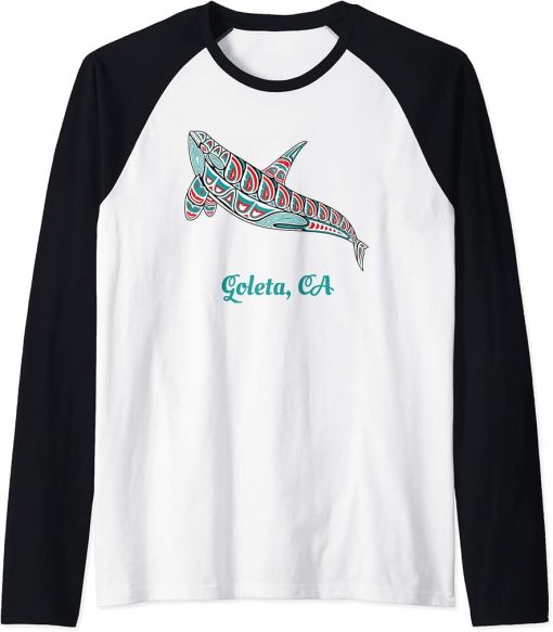 Goleta California Upward Orca Killer Whale Native American Raglan Baseball Tee