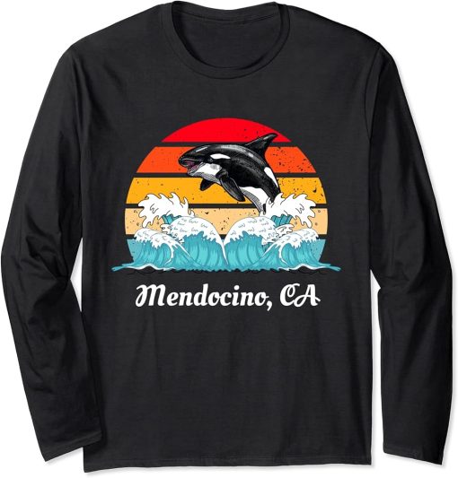 Vintage Mendocino CA Distressed Orca Killer Whale Art Long Sleeve T-Shirt